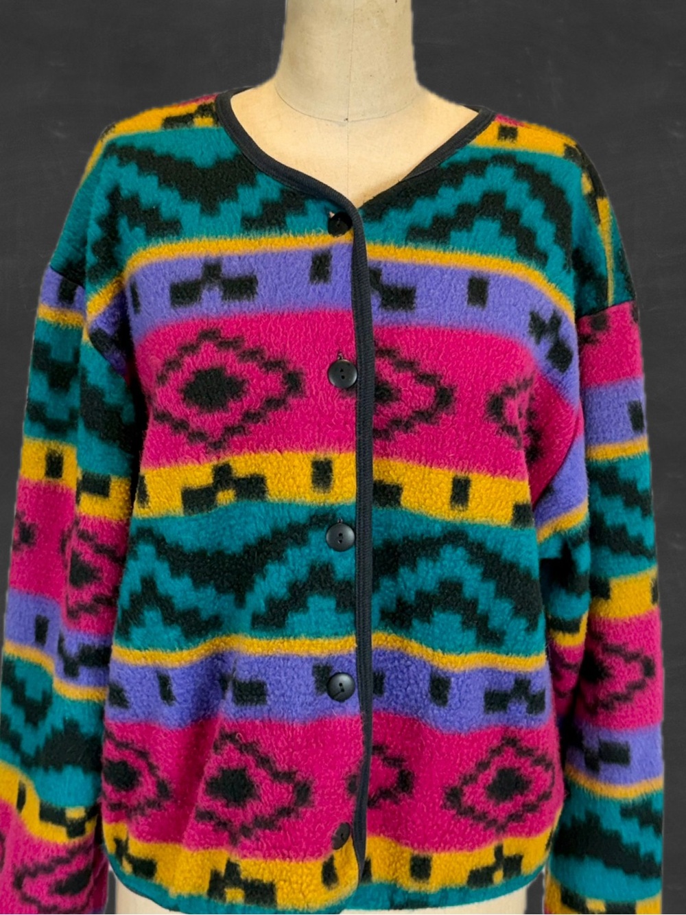VINTAGE 80s rainbow Southwest Aztec jacket button front cardigan fleece cozy